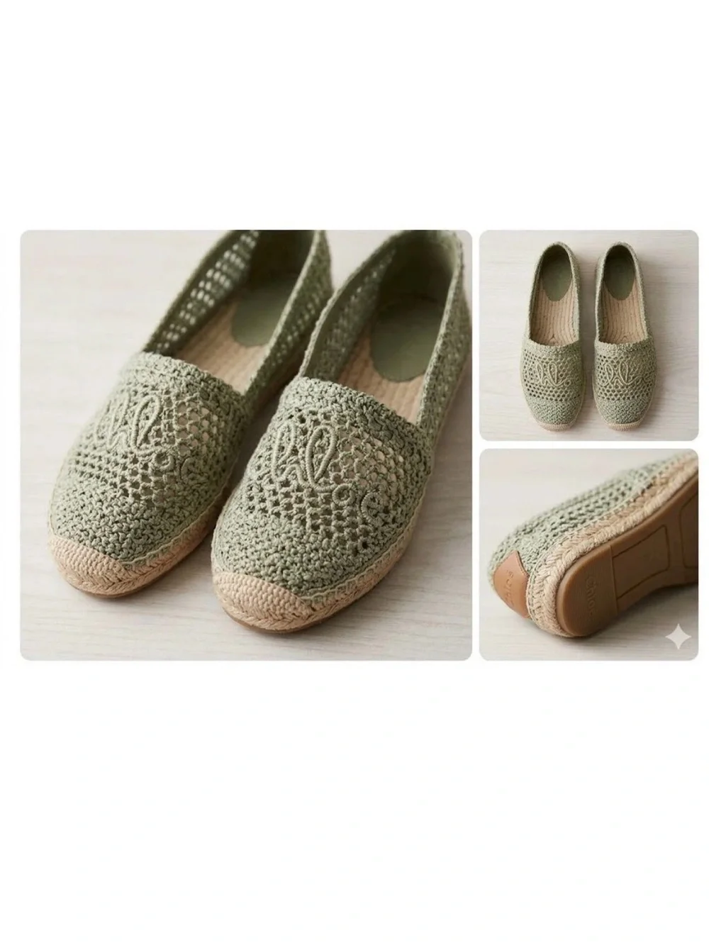 Chloe Crochet Espadrille Flats in Sage Green with Natural Jute Trim